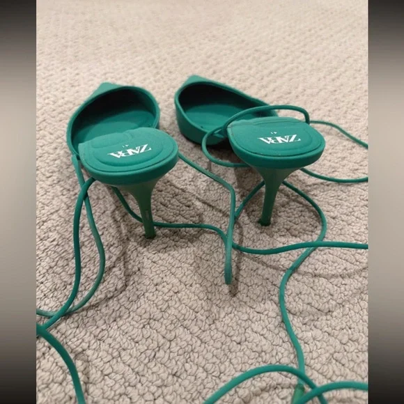 Zara Teal Pointed Lace-Up Kitten Heels - Picture 3 of 4